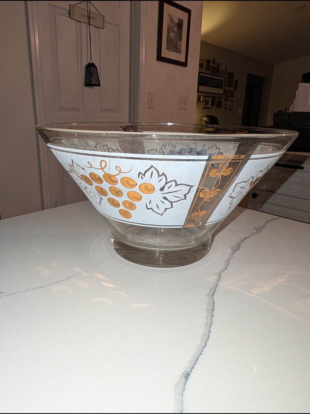 Vintage Anchor Hocking Clear Glass Chip Bowl with White and Gold Grape Motif
